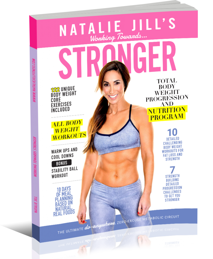 The Natalie Jill Fit Stronger book with Natalie on the cover in grey/purple workout clothes