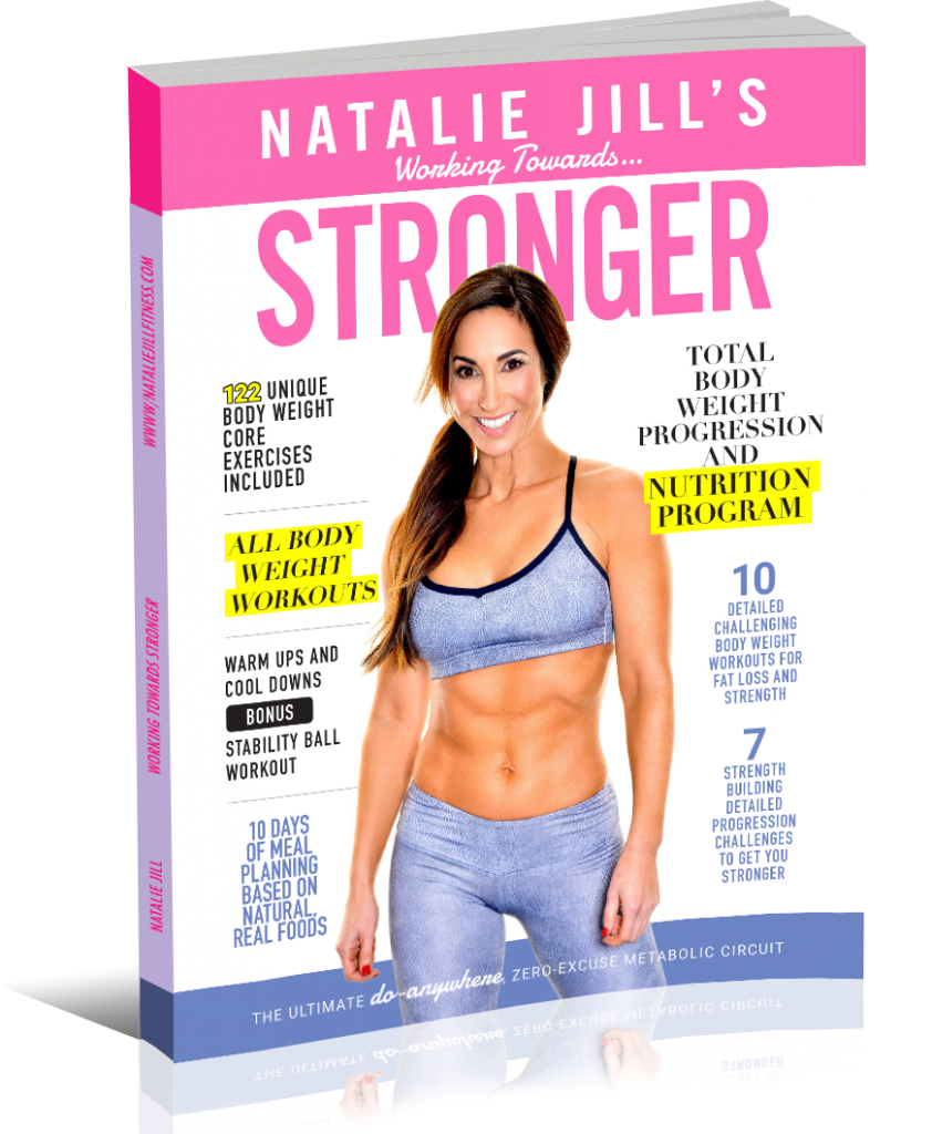 The Natalie Jill Fit Stronger book with Natalie on the cover in grey/purple workout clothes